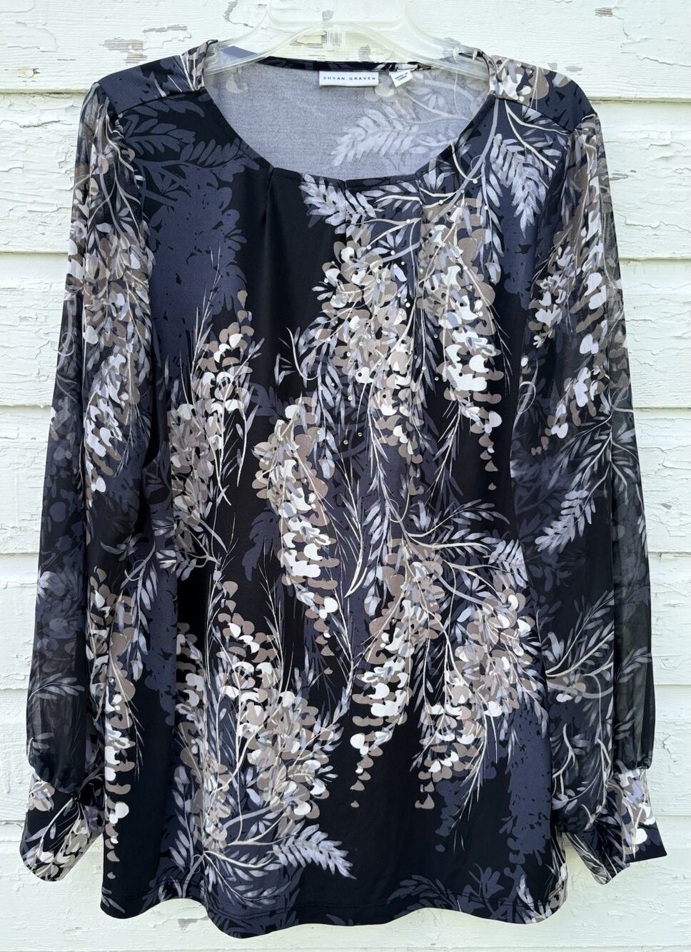 Susan Graver Top Gray Floral Rhinestone Sheer Chiffon Long Sleeve Blouse XL
